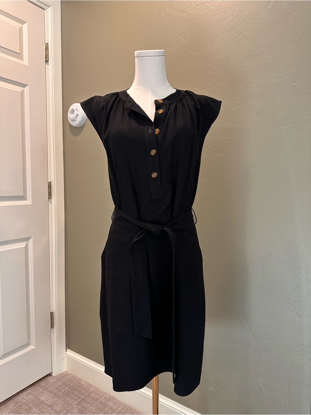 Black Cap-Sleeve Button-Front Mini Dress with Self Tie